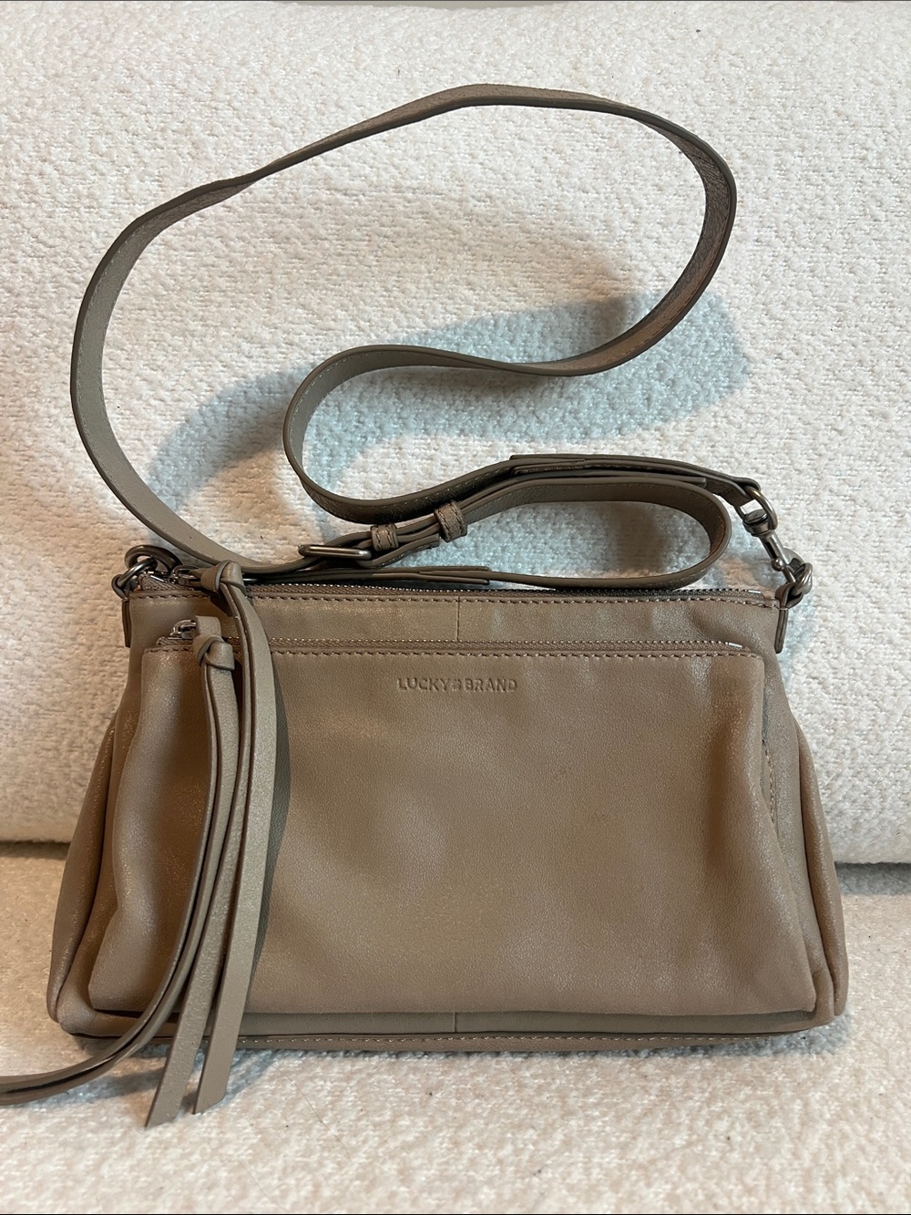 Lucky Brand Taupe Leather Crossbody Bag with Tassel Accent
